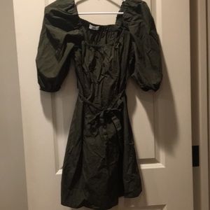 NWOT Mango MNG womens dress puffy sleeves elastic neckline size 4 khaki green